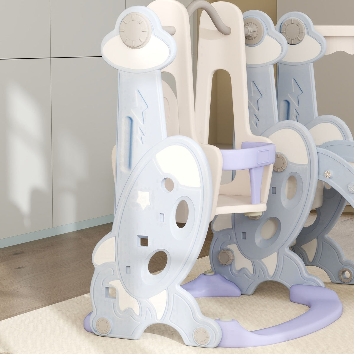 Slide 4-in-1 children's slide with swing, basketball hoop, climbing frame, toddler slide with rocket design children's playground for indoor and outdoor 1.5-4 years children light blue