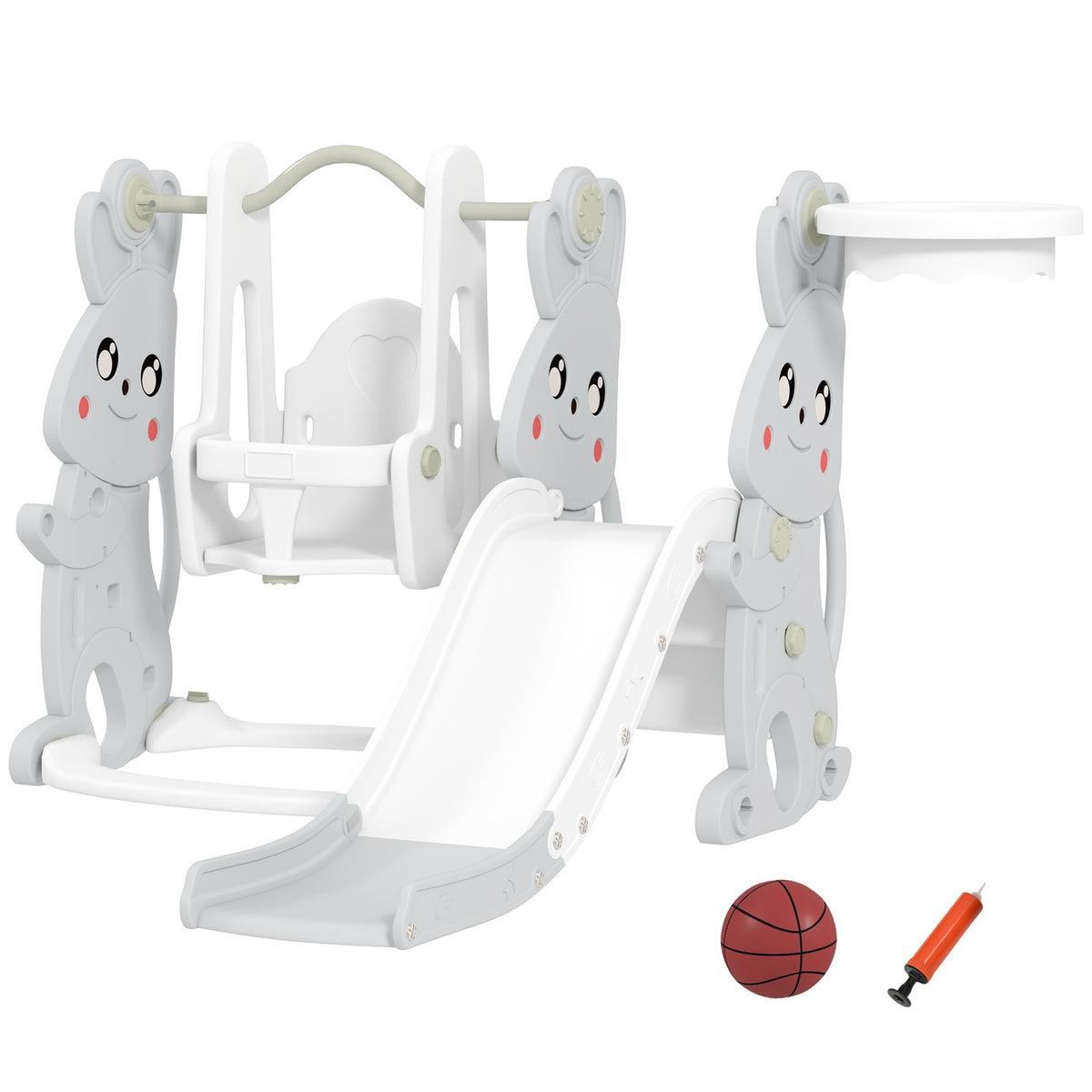 Slide 4-in-1 children's slide with swing, climbing frame, basketball hoop, children's playground with rabbit design, toddler slide for indoor and outdoor children aged 1.5-4 years. Gray