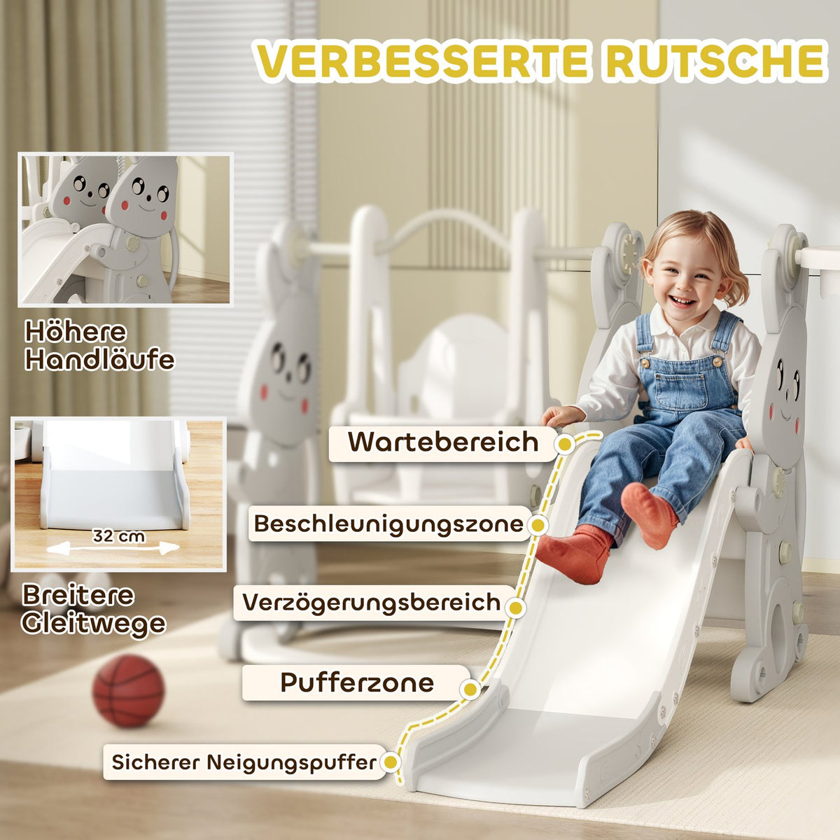 Slide 4-in-1 children's slide with swing, climbing frame, basketball hoop, children's playground with rabbit design, toddler slide for indoor and outdoor children aged 1.5-4 years. Gray