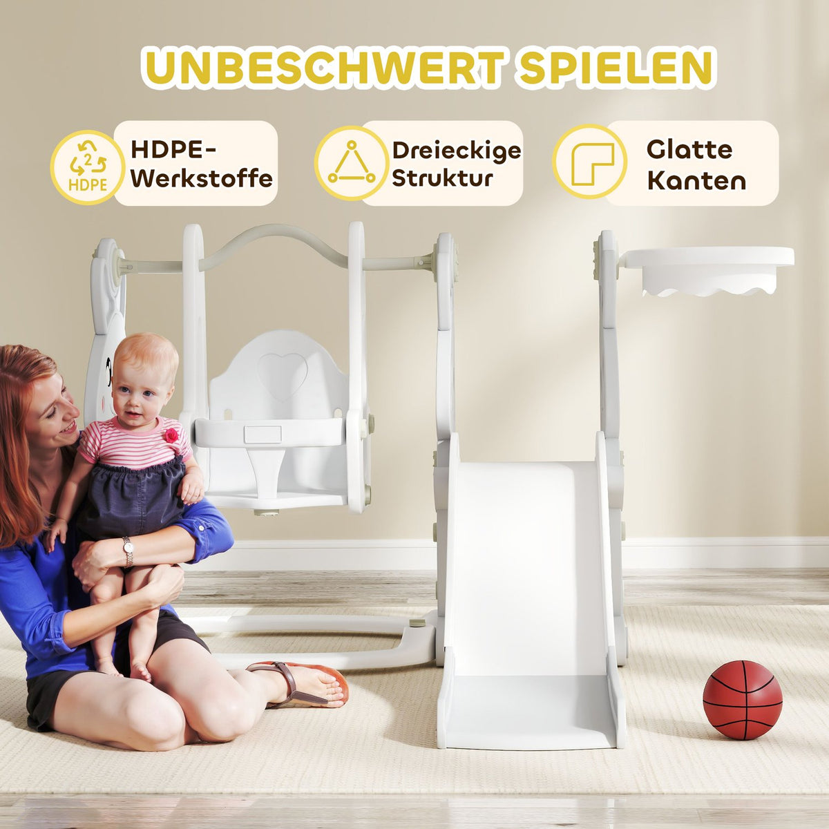 Slide 4-in-1 children's slide with swing, climbing frame, basketball hoop, children's playground with rabbit design, toddler slide for indoor and outdoor children aged 1.5-4 years. Gray