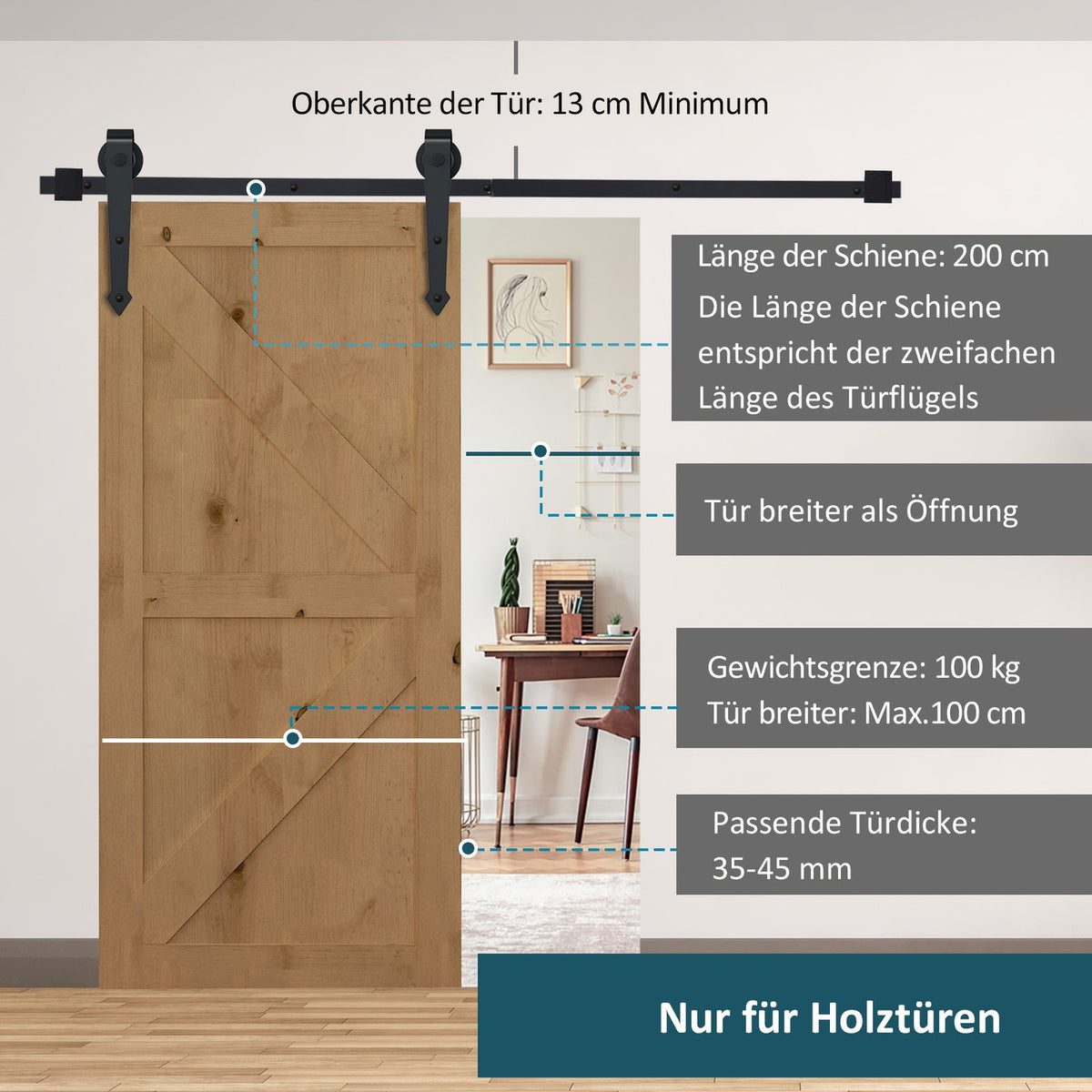 Sliding Door Hardware Set 200cm Complete Set with Rails, Rollers, Anti-Jump Devices, Door Stops, Carbon Steel Sliding Door System Black