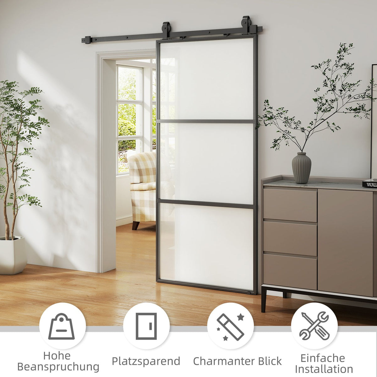 Sliding Door Kit with Frosted Glass, Soft-Close, Black Steel