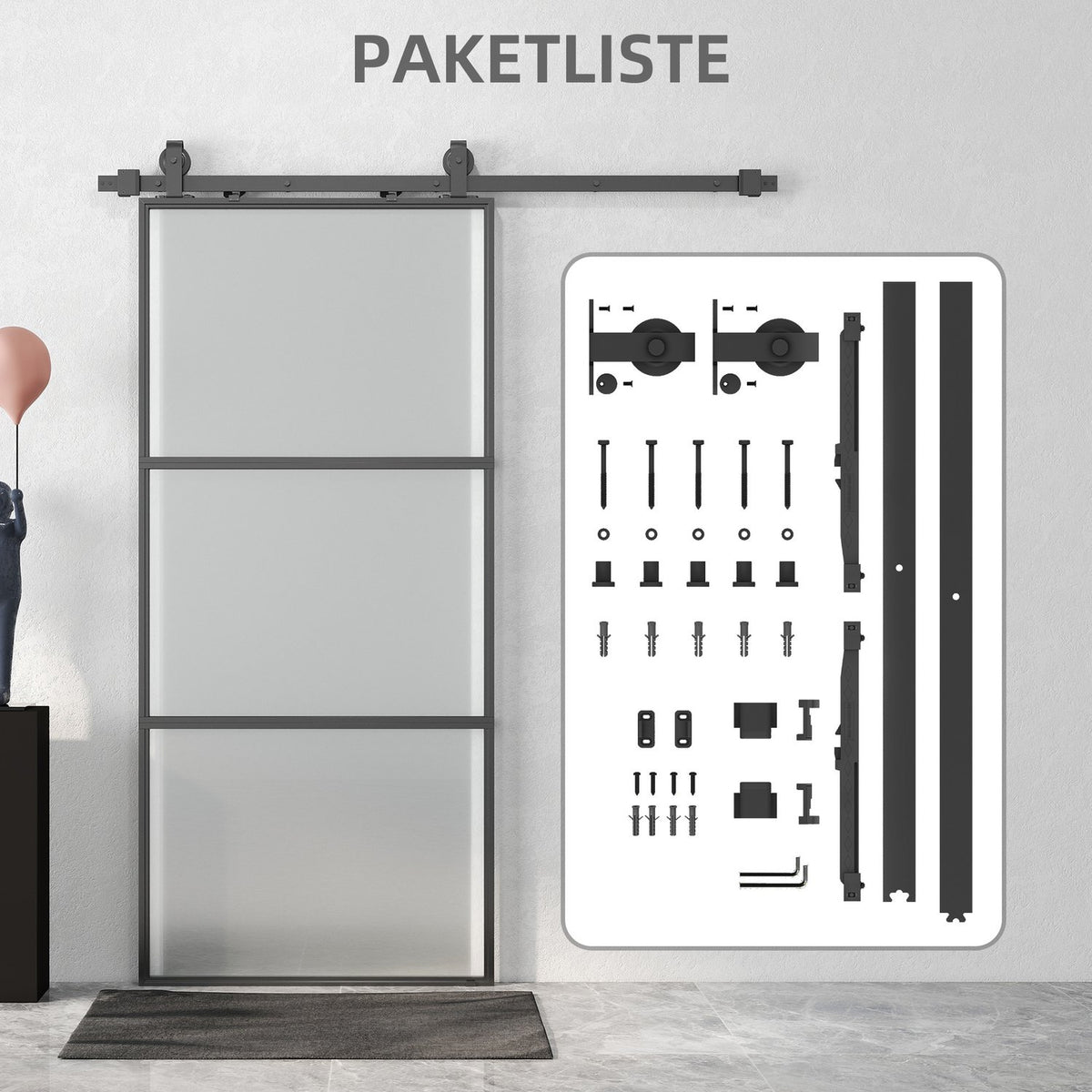 Sliding Door Kit with Frosted Glass, Soft-Close, Black Steel