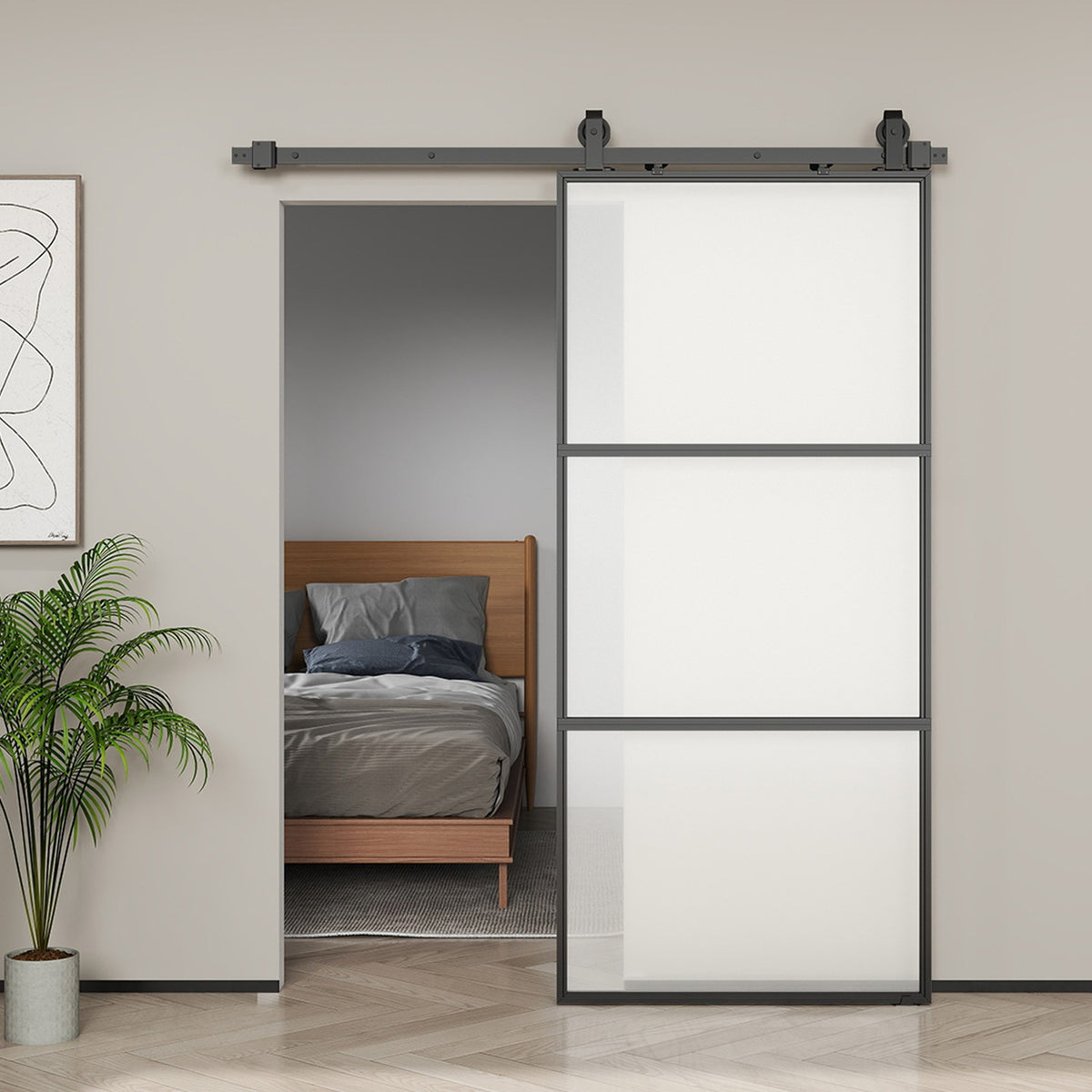 Sliding Door Kit with Frosted Glass, Soft-Close, Black Steel