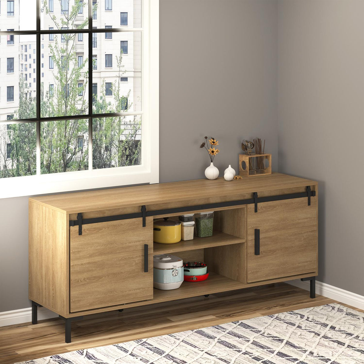 Sliding Door System For Double Wooden Doors, Running Track With Accessories, Carbon Steel, Black, 183X0.6X18Cm