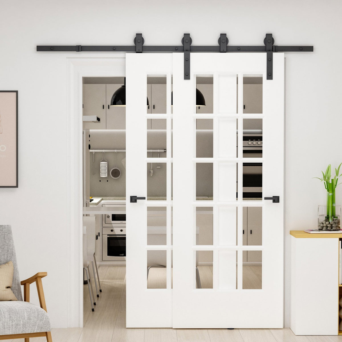 Sliding Door System For Wooden Sliding Door Track With 9 Accessories Carbon Steel Black