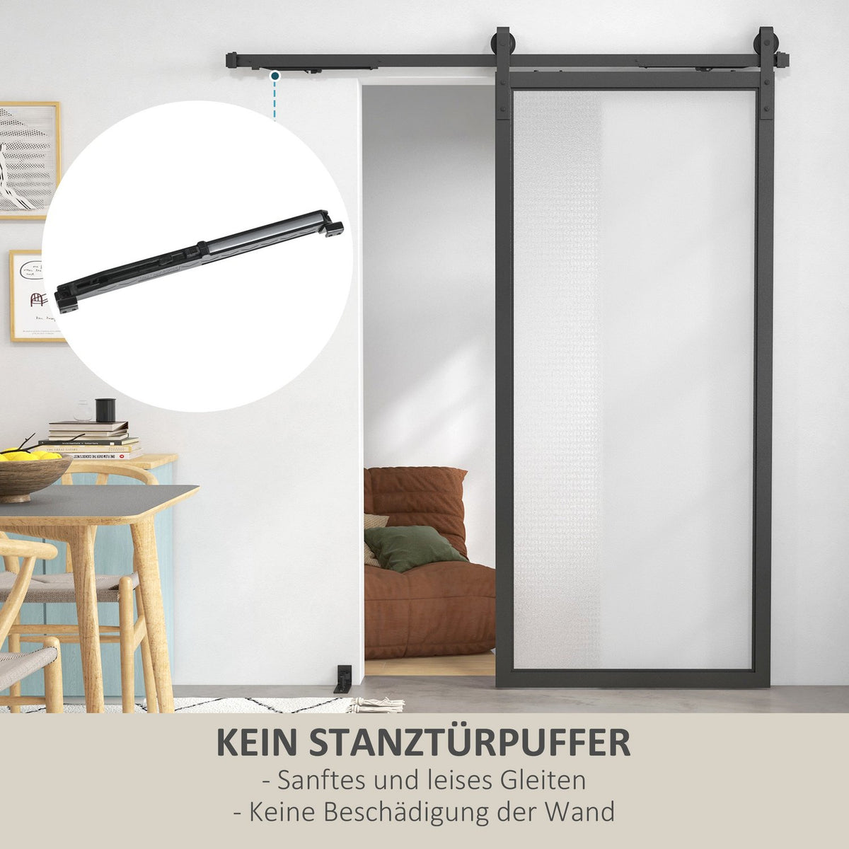 Sliding door fitting set, 183cm, with rails, rollers, anti-jump devices, door stop, floor guide, carbon steel, black