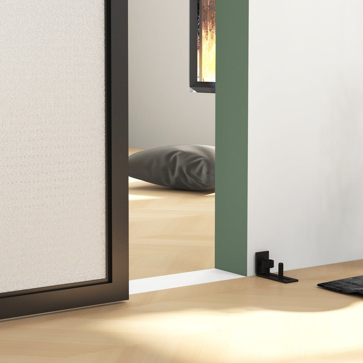 Sliding door fitting set, 183cm, with rails, rollers, anti-jump devices, door stop, floor guide, carbon steel, black
