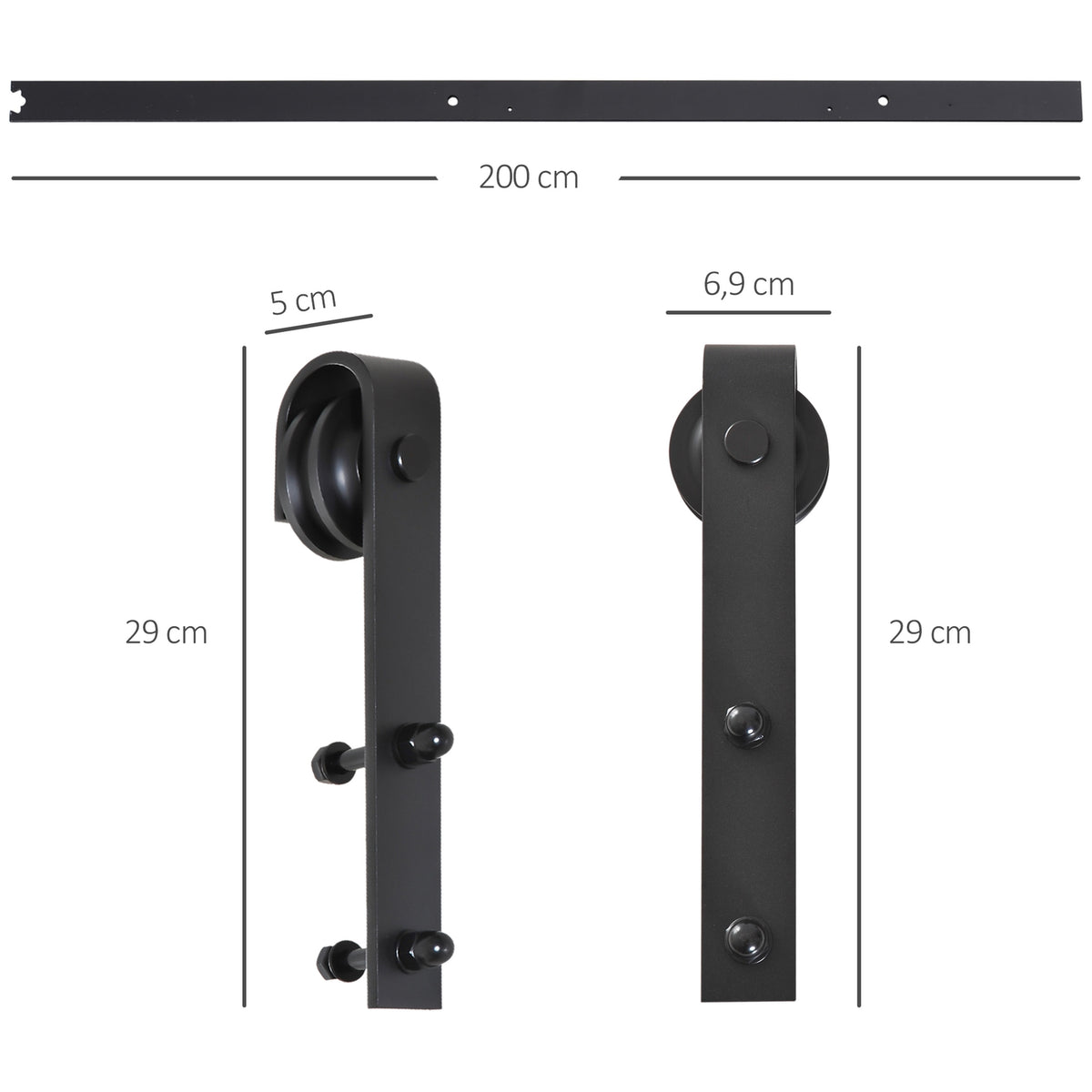 Sliding door fittings set 200 cm complete set with rails, rollers, rail stopper, floor block, set of door screws, sliding door system made of carbon steel black