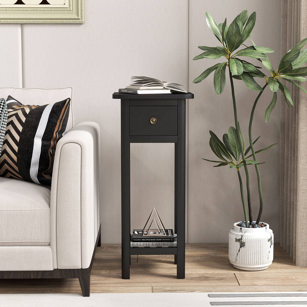 Slim 2-Tier Nightstand With Drawer and Shelf, Black