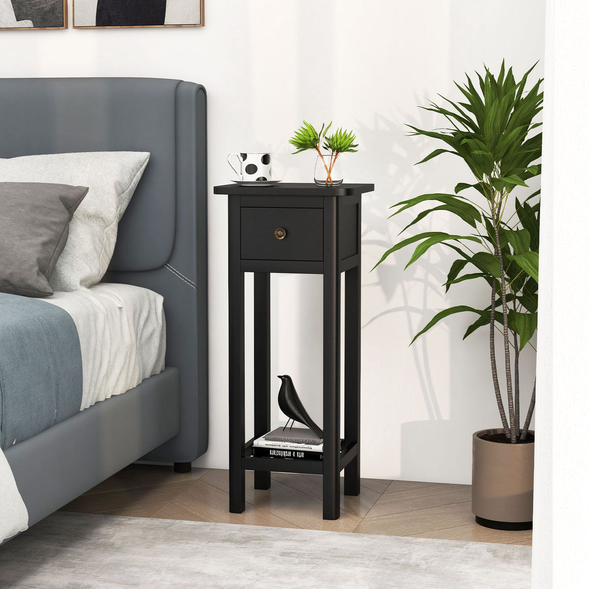 Slim 2-Tier Nightstand With Drawer and Shelf, Black