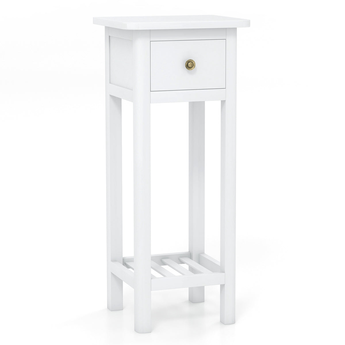 Slim 2-Tier Nightstand with Drawer and Shelf, White