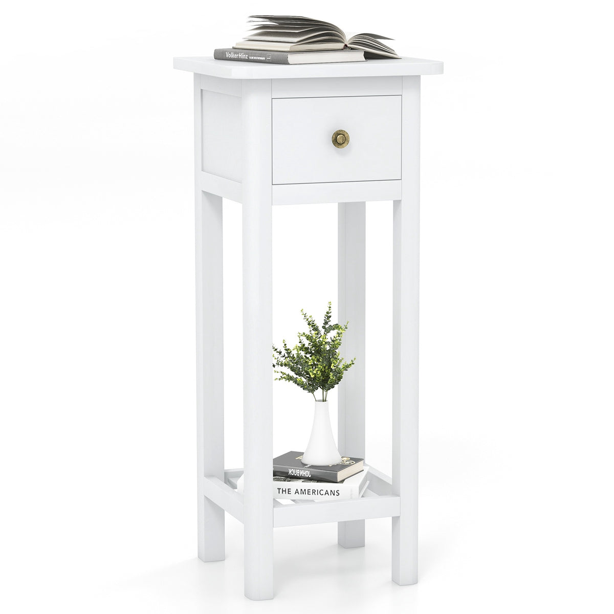 Slim 2-Tier Nightstand with Drawer and Shelf, White