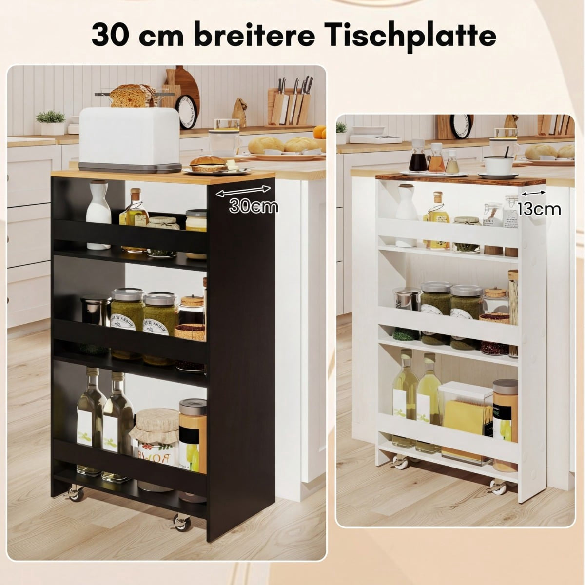 Slim 4-Tier Kitchen Cart with Handle & Rails, Black