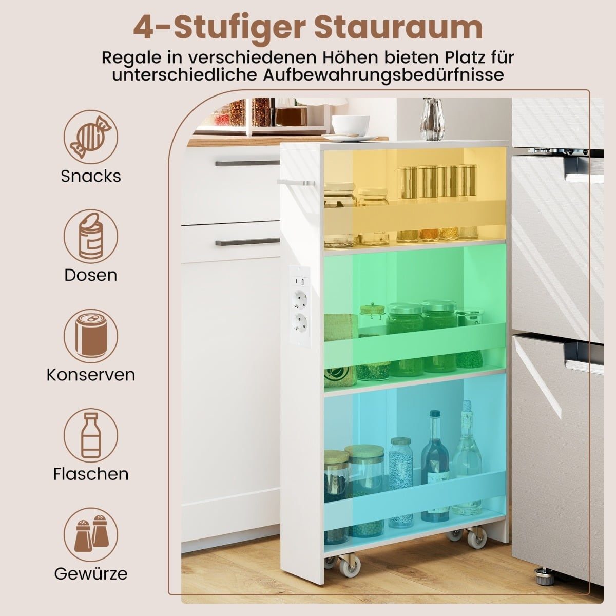 Slim 4-Tier Rolling Kitchen Cart with Charging Station