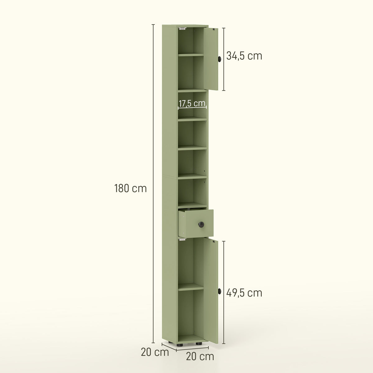Slim Bathroom Cabinet with Drawer, 4 Shelves, Green, 20x20x180 cm