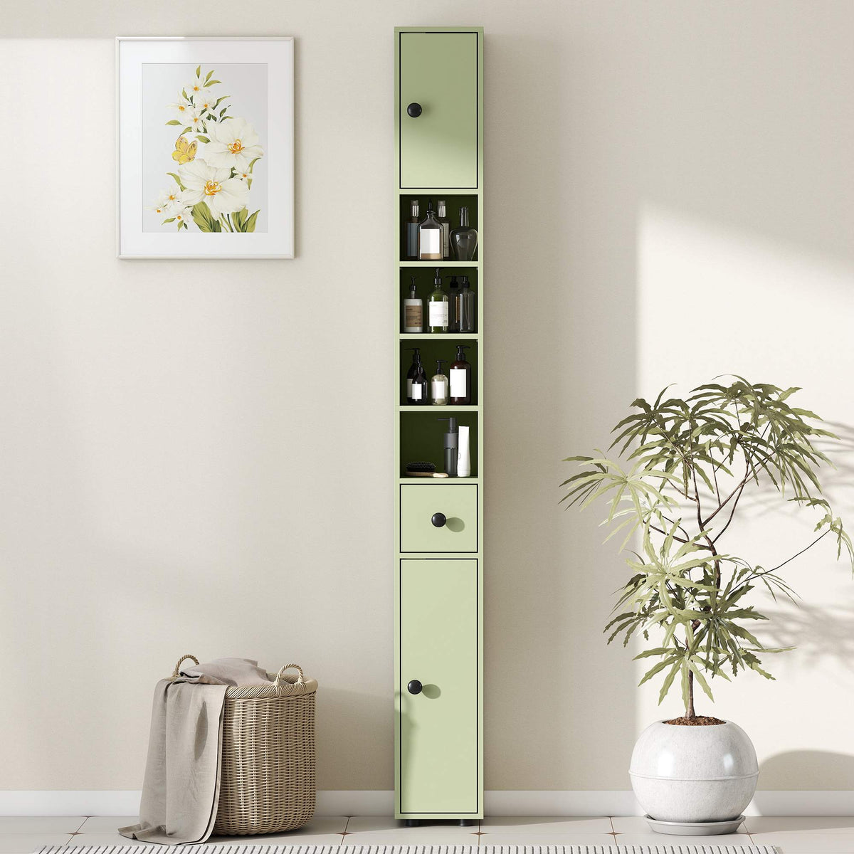 Slim Bathroom Cabinet with Drawer, 4 Shelves, Green, 20x20x180 cm