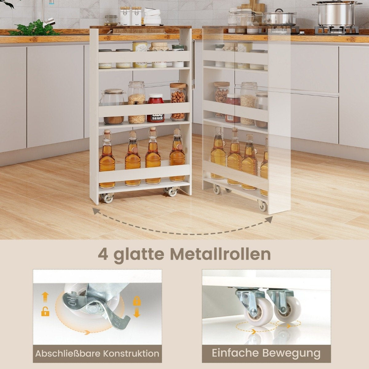 Slim Kitchen Trolley, 4-Tier Rolling Storage Cart, White