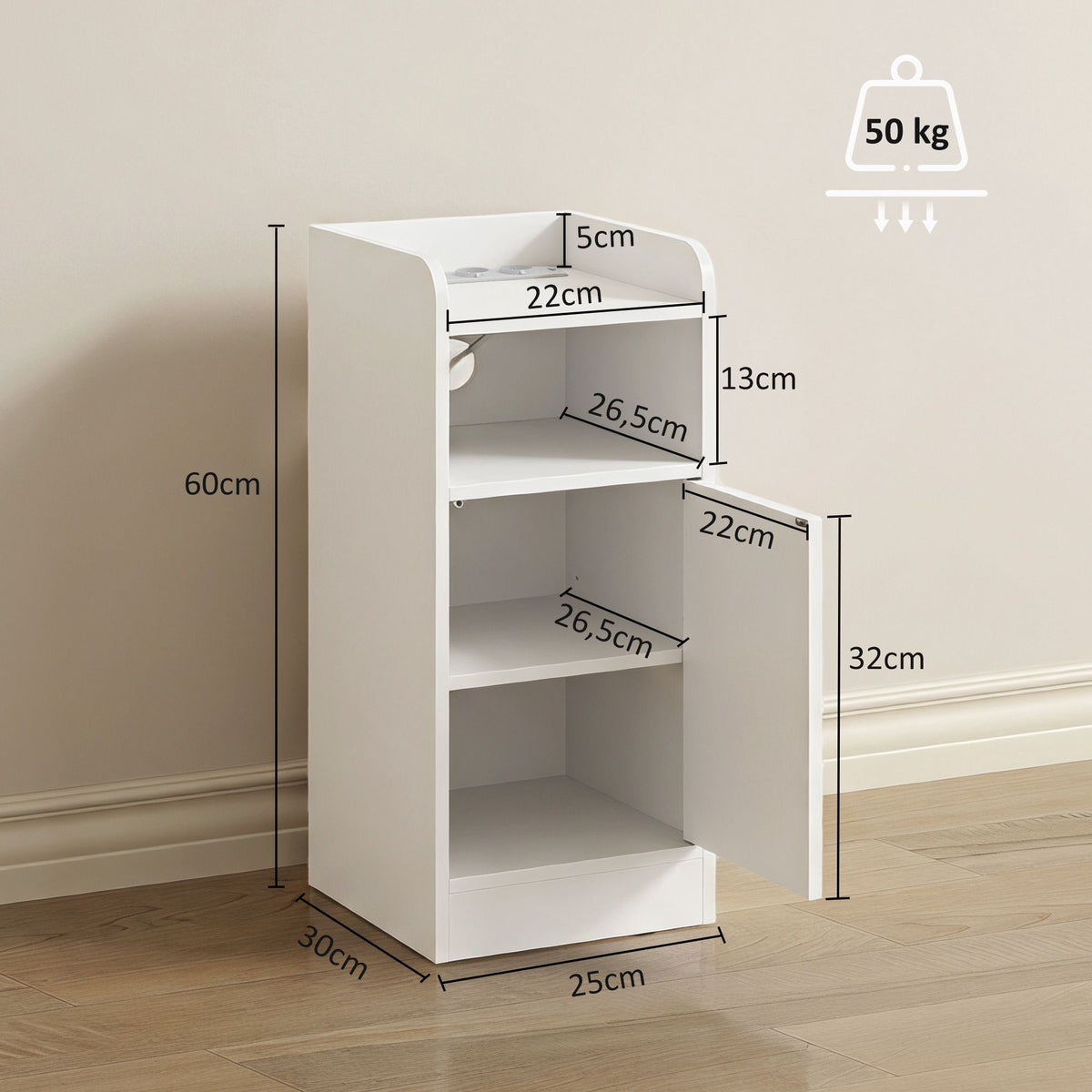 Slim Nightstand Set of 2 with Charging Station, Adjustable Shelf