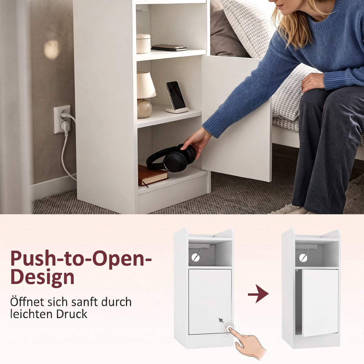 Slim Nightstand Set of 2 with Charging Station, Adjustable Shelf