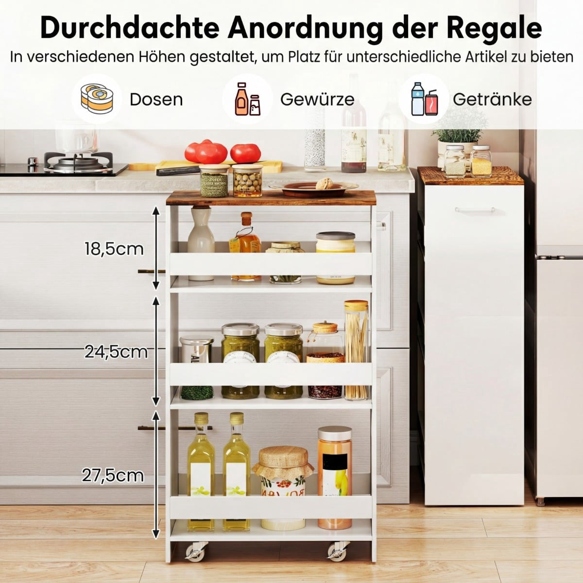 Slim Rolling Kitchen Cart with Charging Station, 4-Tier Organizer