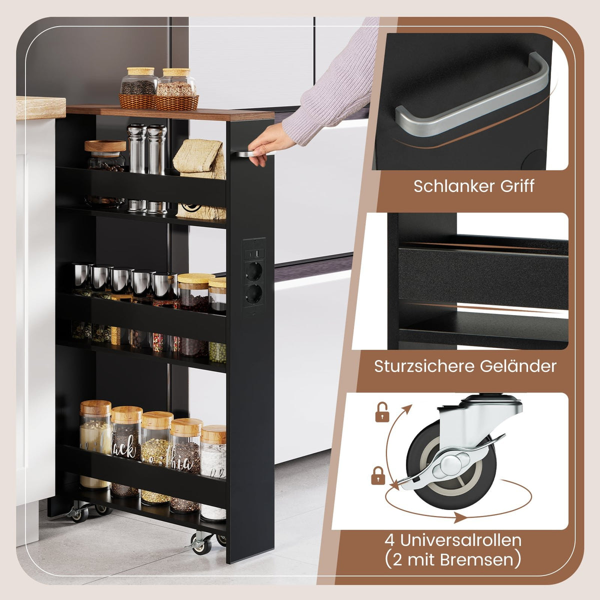 Slim Rolling Storage Cart with Charging Station, 4-Tier, Black