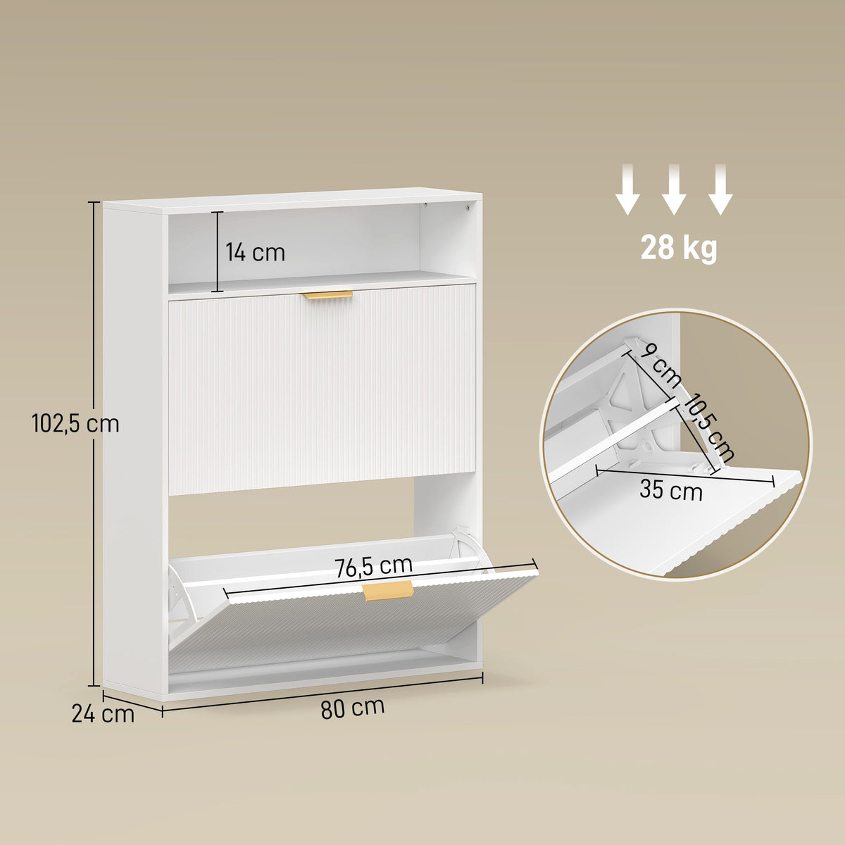 Slim Shoe Cabinet, 2 Flip Drawers, Top Shelf – 24 cm Deep, White