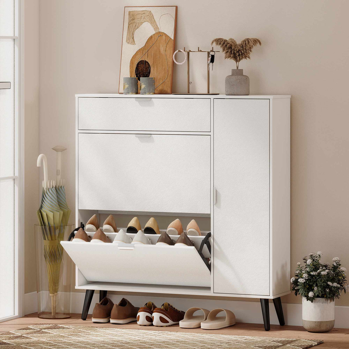 Slim Shoe Cabinet with 2 Flip Compartments, White MDF