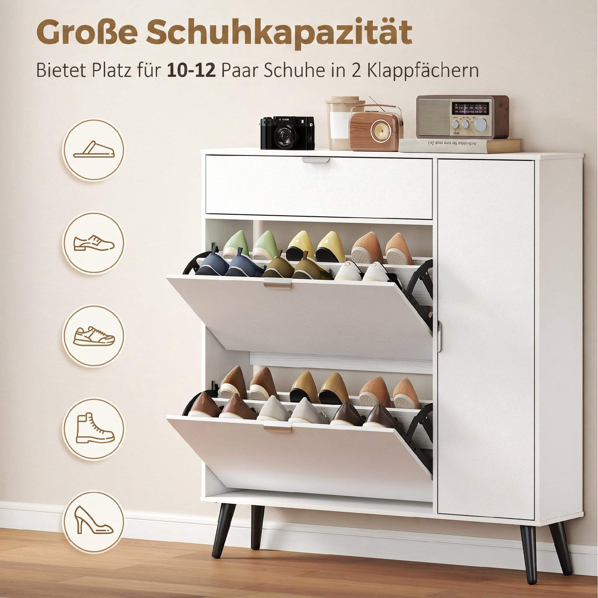 Slim Shoe Cabinet with 2 Flip Compartments, White MDF
