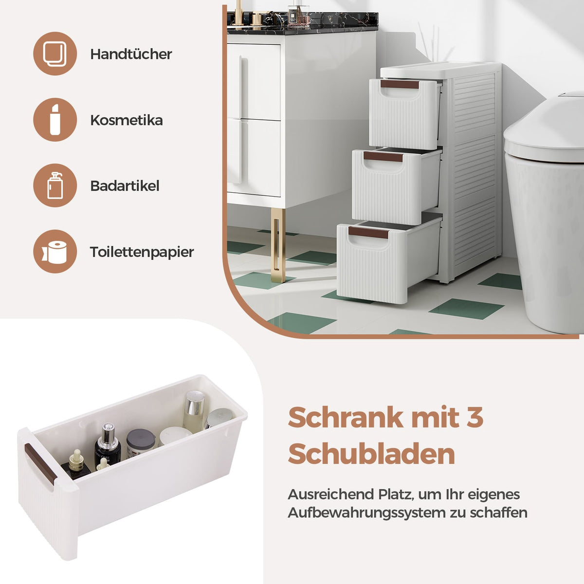 Slim Storage Cart with Wheels, 3 Drawers, White, PP Material