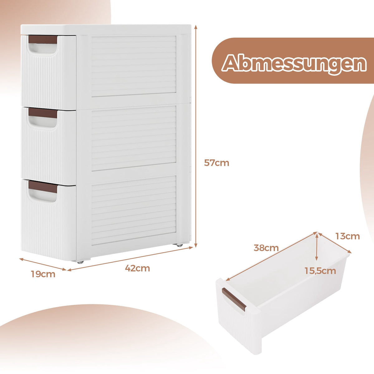 Slim Storage Cart with Wheels, 3 Drawers, White, PP Material