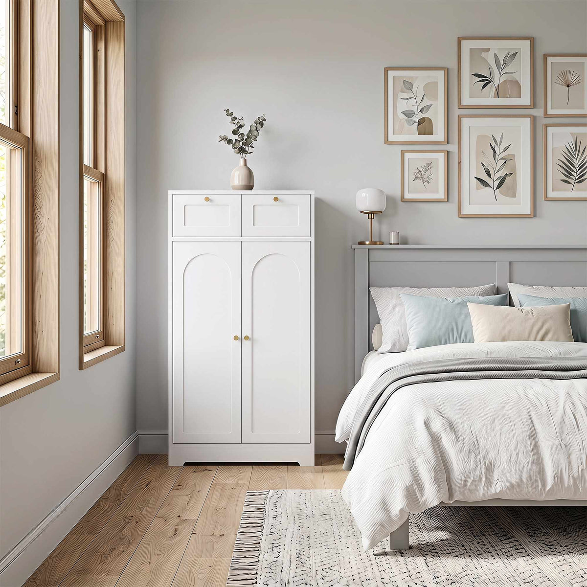 Slim White Bathroom Cabinet with 2 Drawers, Adjustable Shelf