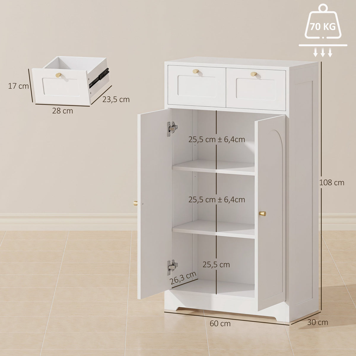 Slim White Bathroom Cabinet with 2 Drawers, Adjustable Shelf