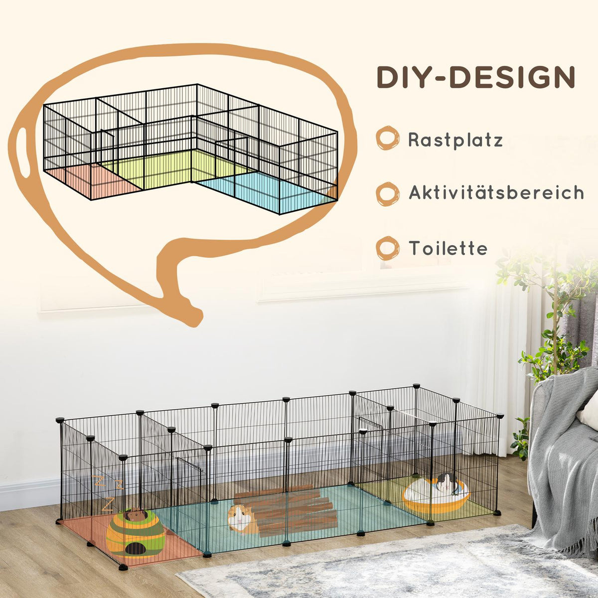 Small Animal Cage Diy Guinea Pig Enclosure With 18 Panels, Outdoor Enclosure Made Of Steel Mesh, Black