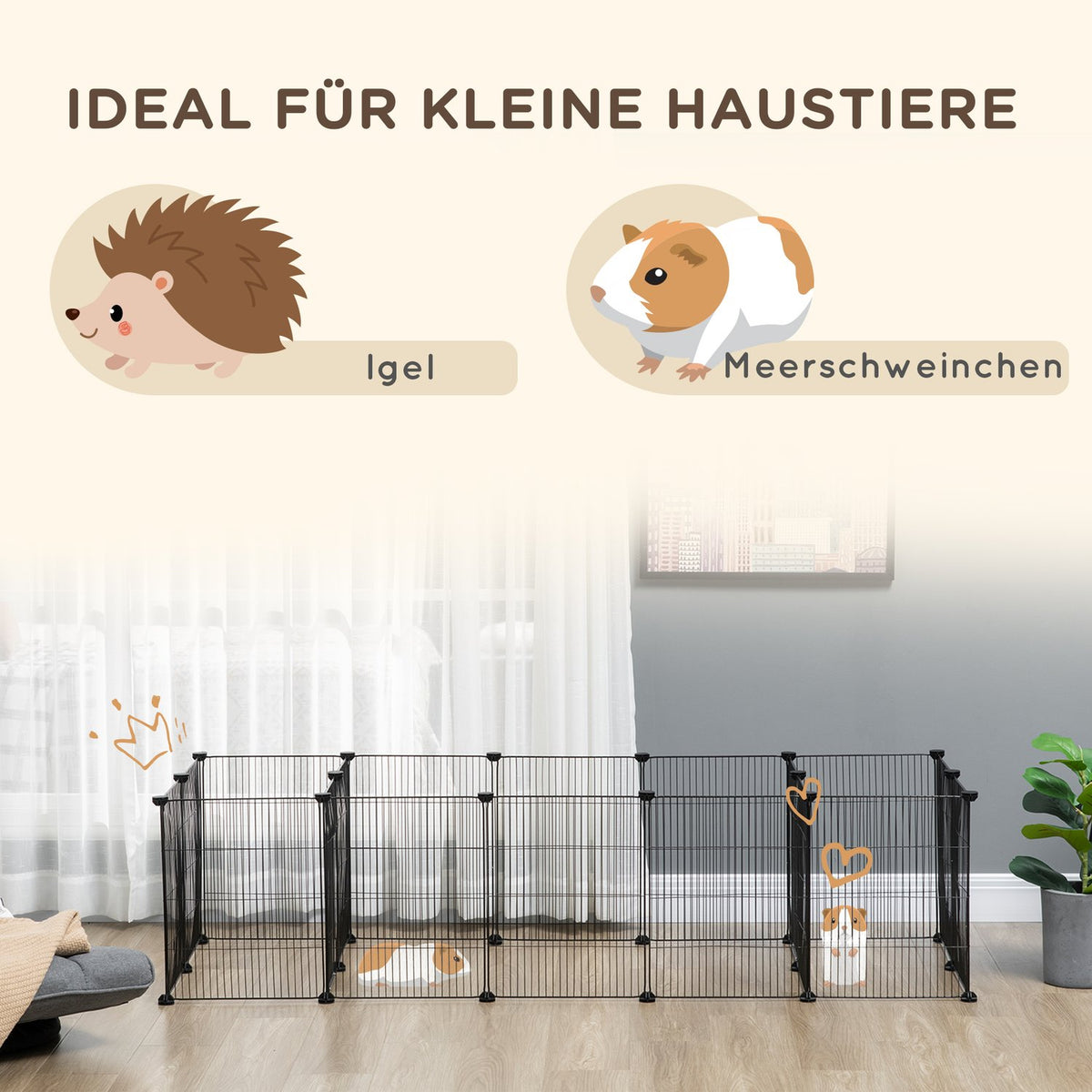Small Animal Cage Diy Guinea Pig Enclosure With 18 Panels, Outdoor Enclosure Made Of Steel Mesh, Black