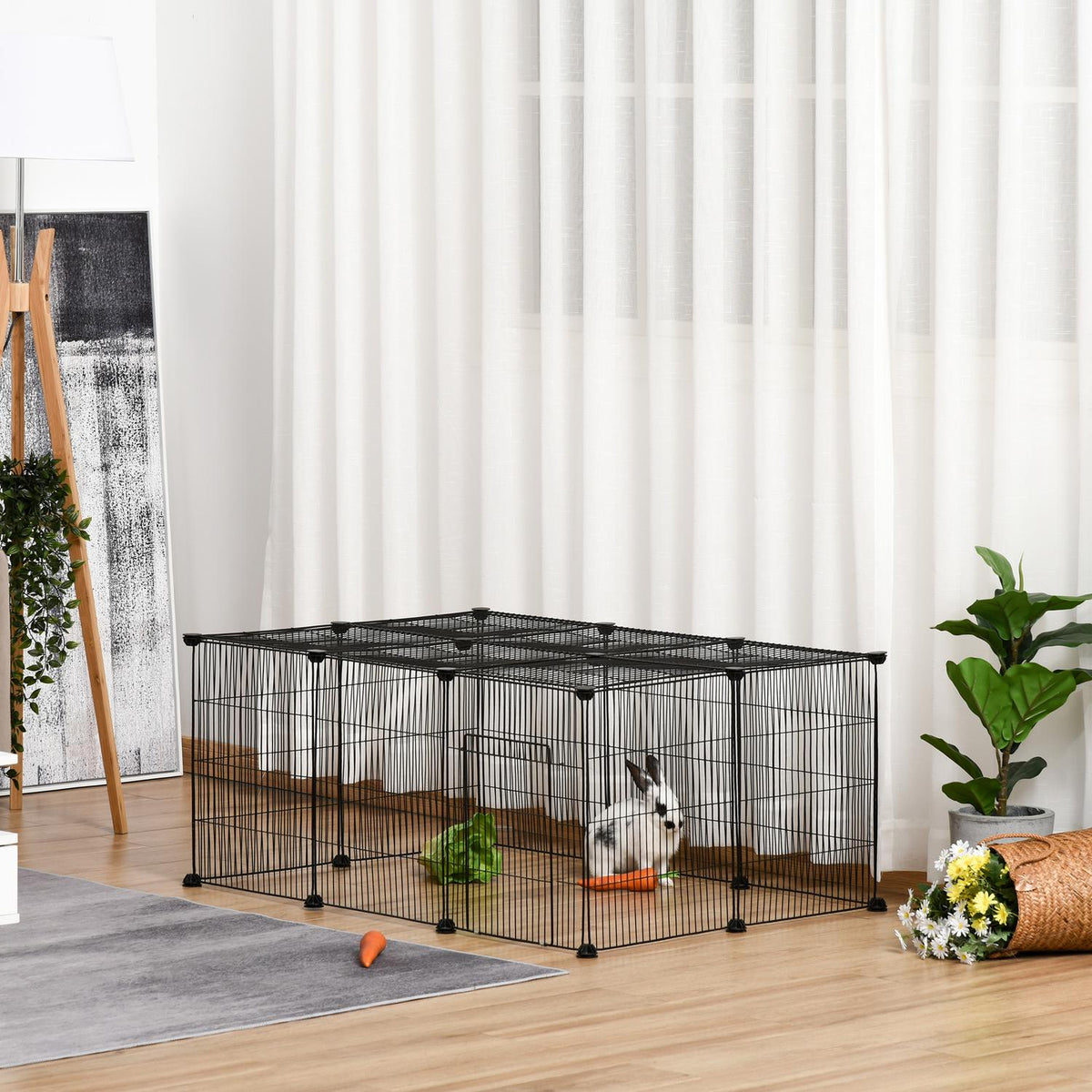 Small Animal Cage Diy Outdoor Enclosure With Non-Slip Mat & Multi-Angle Connections, Metal, Black, 105X70X45Cm