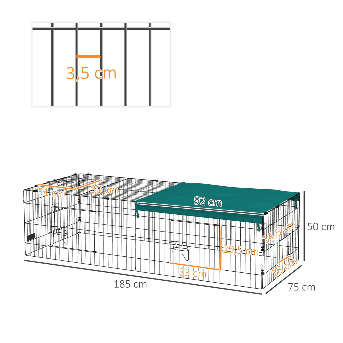 Small Animal Cage Pet Playpen With 5 Doors & Roof, Outdoor Rabbit Hutch, Green, 185X75X50Cm