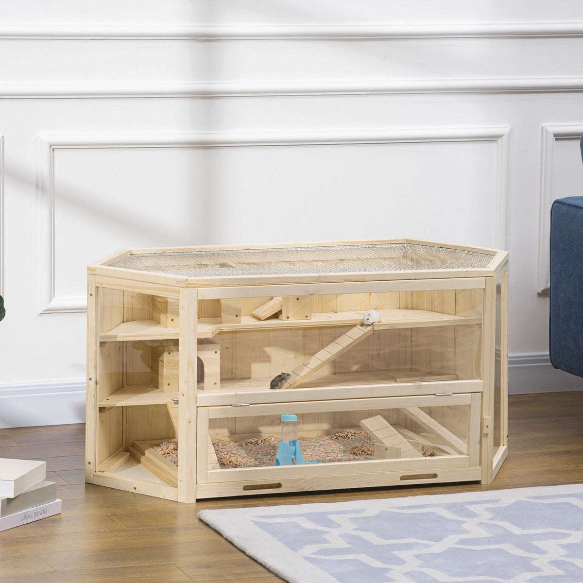 Small Animal Cage Rodent Cage Hamster Cage With Ramp Rocker Mouse Cage Top Hinged Cage Removable Base Tray Fir Wood 115 X 60 X 55 Cm