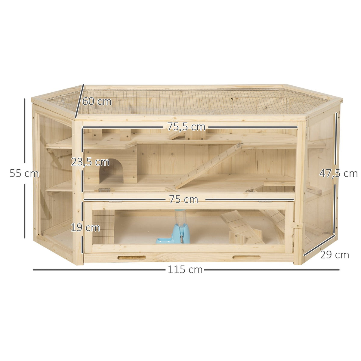 Small Animal Cage Rodent Cage Hamster Cage With Ramp Rocker Mouse Cage Top Hinged Cage Removable Base Tray Fir Wood 115 X 60 X 55 Cm