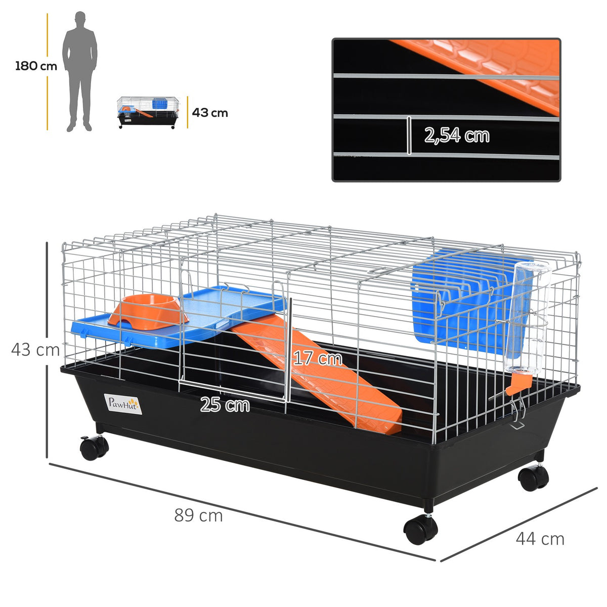 Small Animal Cage, Rollable Rodent Cage, Starter Set With All Accessories, Steel + Pp + Nylon, Black, 89X44X43 Cm