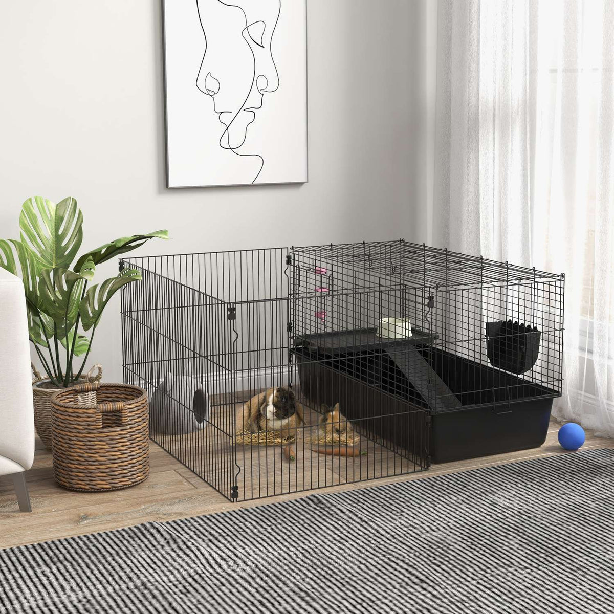 Small Animal Cage Small Animal Hutch With Water Bottle, Food Bowl, Rodent Cage With Feeding Trough, Accessories, Guinea Pig Cage For Small Animals Steel Black