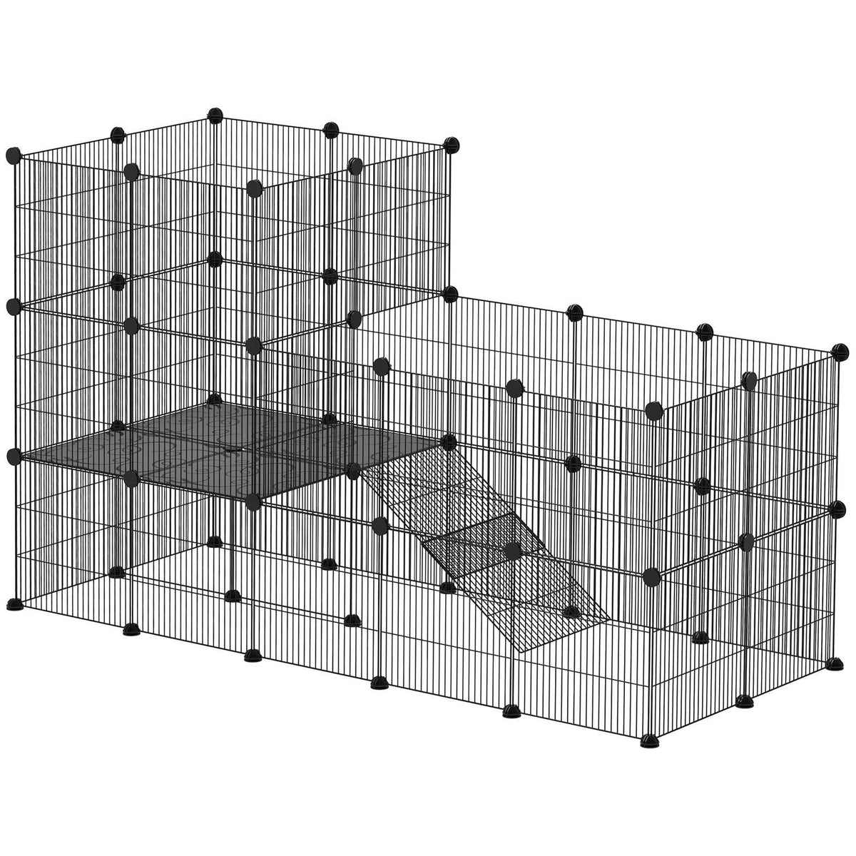 Small Animal Enclosure Small Animal Cage with 39 Panels Outdoor Enclosure with Ramp DIY Mesh Enclosure Metal Small Animals Openable Black 140 x 70 x 105 cm