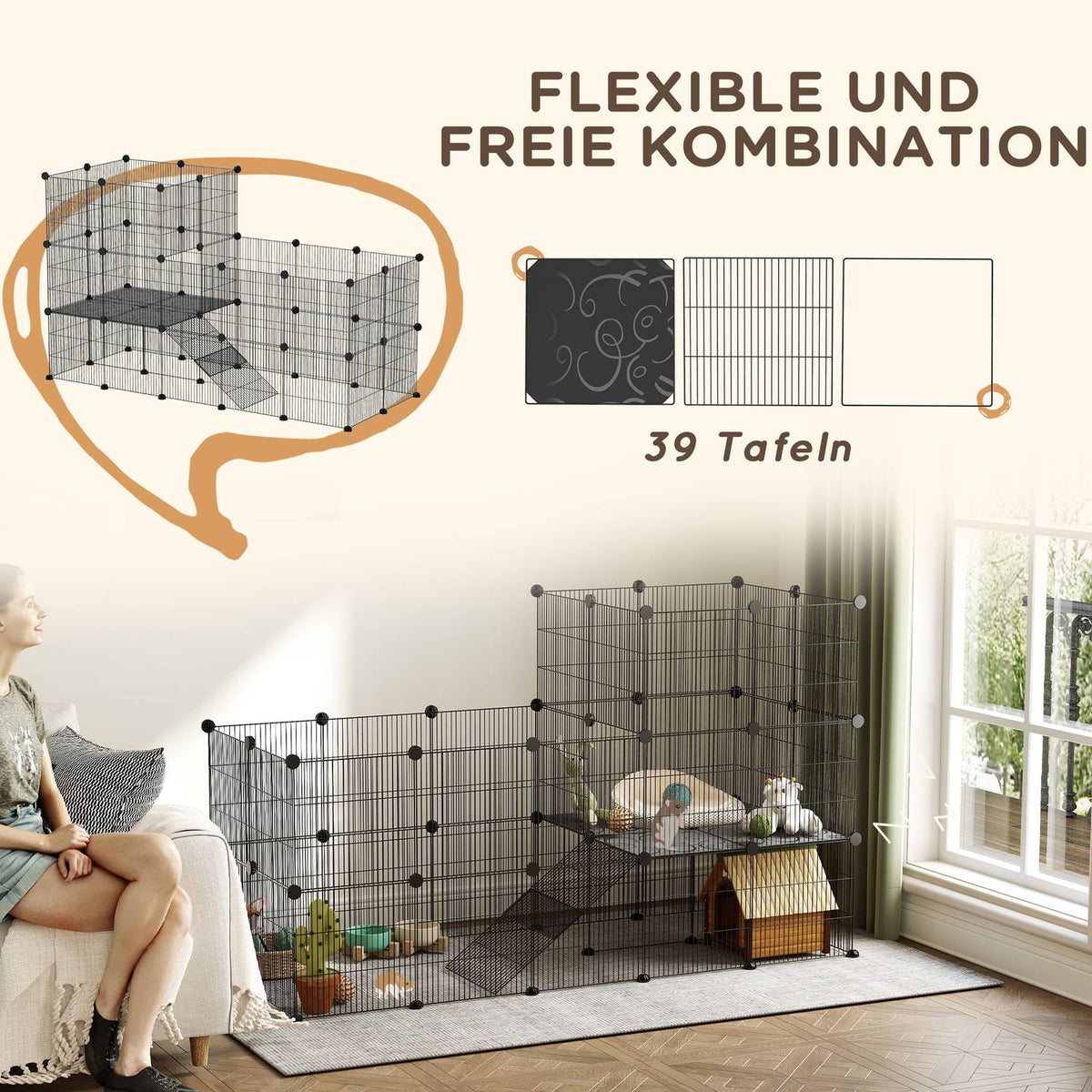 Small Animal Enclosure Small Animal Cage with 39 Panels Outdoor Enclosure with Ramp DIY Mesh Enclosure Metal Small Animals Openable Black 140 x 70 x 105 cm