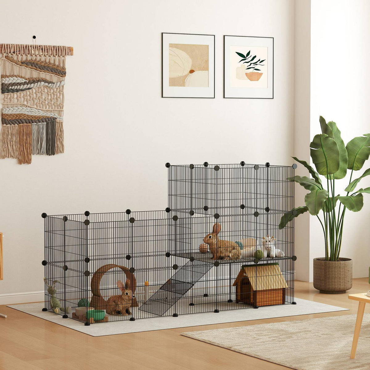 Small Animal Enclosure Small Animal Cage with 39 Panels Outdoor Enclosure with Ramp DIY Mesh Enclosure Metal Small Animals Openable Black 140 x 70 x 105 cm
