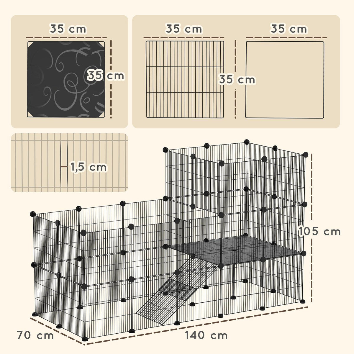 Small Animal Enclosure Small Animal Cage with 39 Panels Outdoor Enclosure with Ramp DIY Mesh Enclosure Metal Small Animals Openable Black 140 x 70 x 105 cm