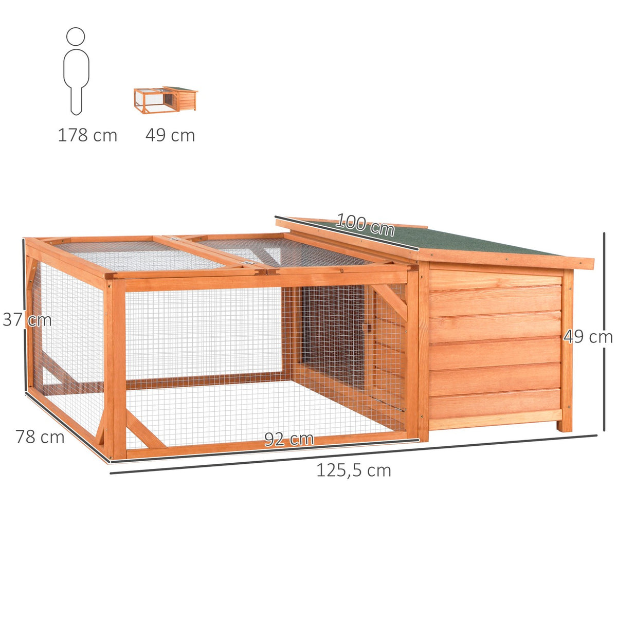 Small Animal Hutch Dwarf Rabbit Hutch 125.5X100X49Cm With Openable Asphalt Roof Outdoor Indoor Backyard Weatherproof Fir Wood Orange + Green