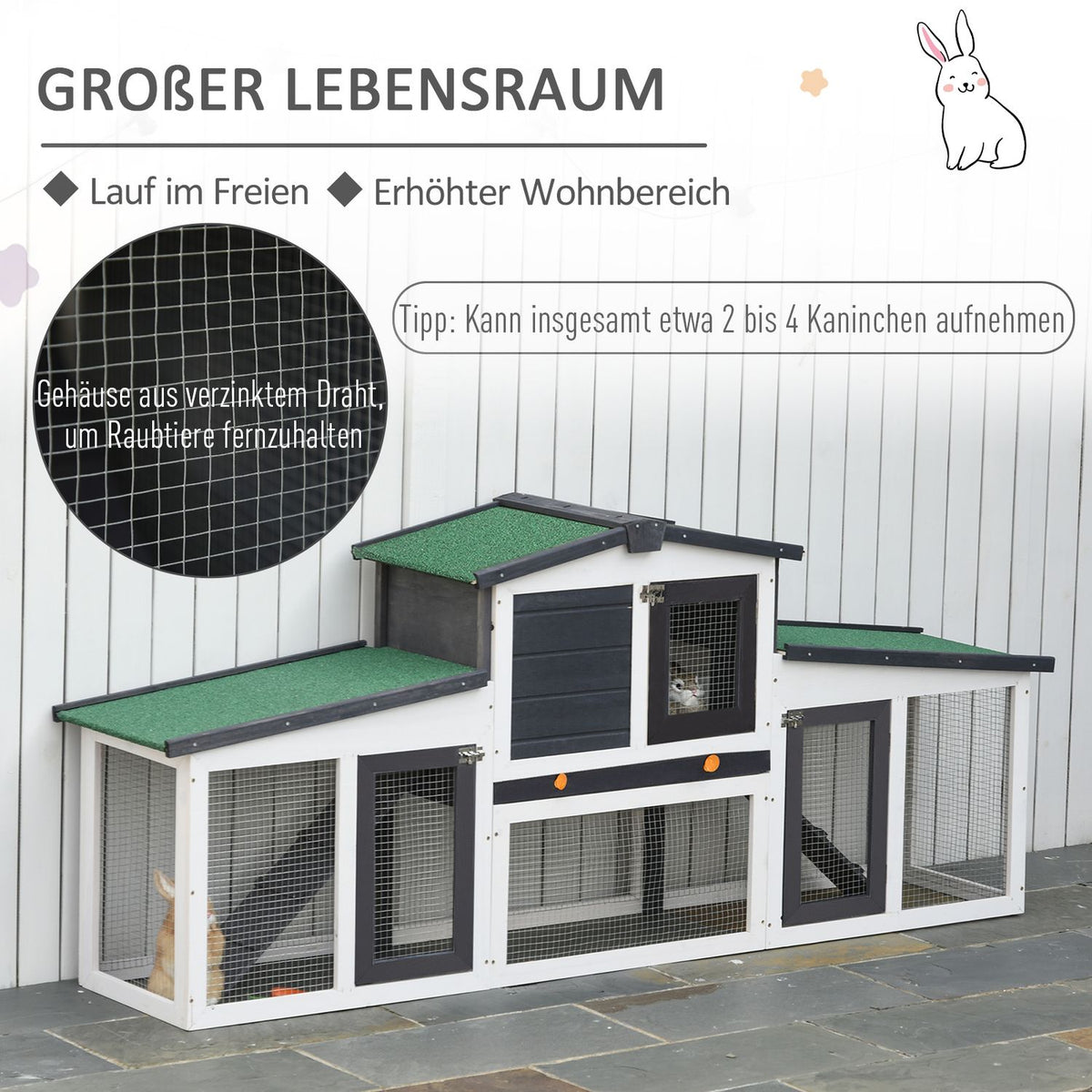 Small Animal Hutch Small Animal Cage 204 X 45 X 80 Cm Dwarf Rabbit Hutch With Asphalt Roof And Outdoor Enclosure Double-Decker Fir Wood Dark Gray + White