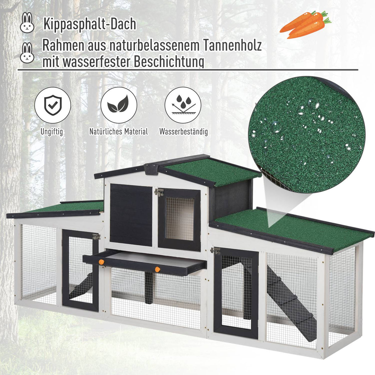 Small Animal Hutch Small Animal Cage 204 X 45 X 80 Cm Dwarf Rabbit Hutch With Asphalt Roof And Outdoor Enclosure Double-Decker Fir Wood Dark Gray + White