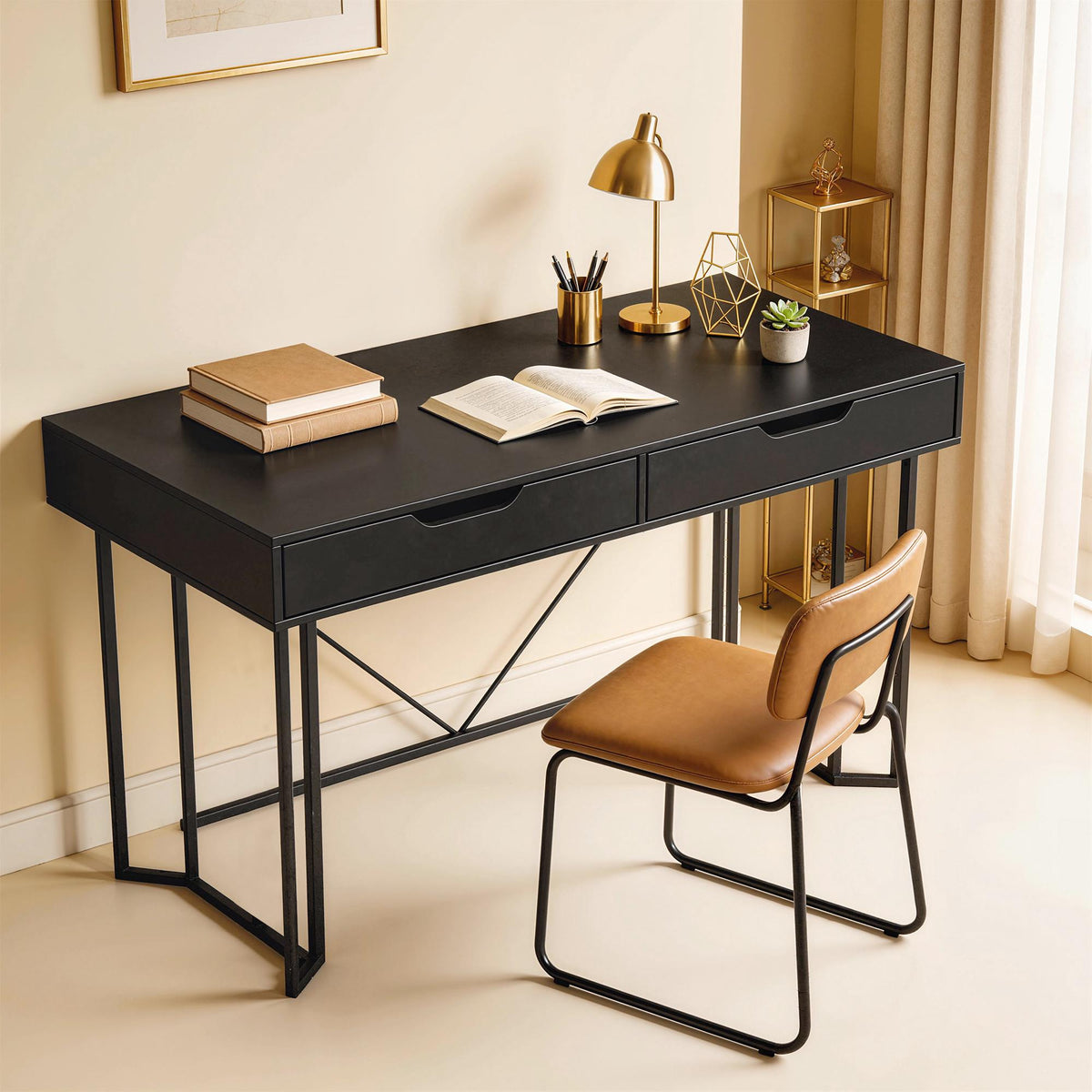 Small Black Computer Desk with Drawers, 120 cm