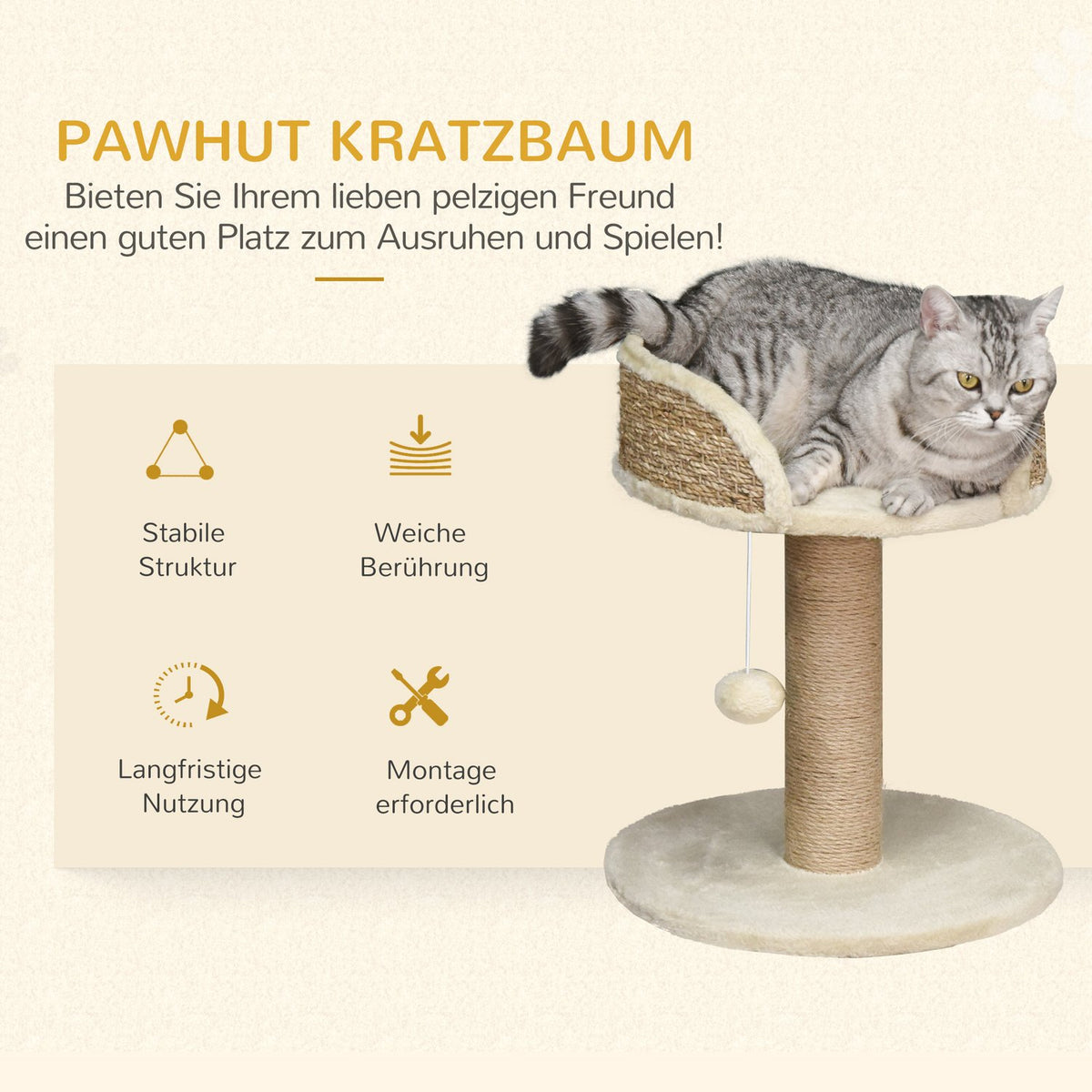 Small Scratching Post, 49 Cm Cat Tree, Cat Scratching Post With Play Ball, Lying Surface, Climbing Tree For Cats Up To 4 Kg, Cat Furniture, Jute, Coffee